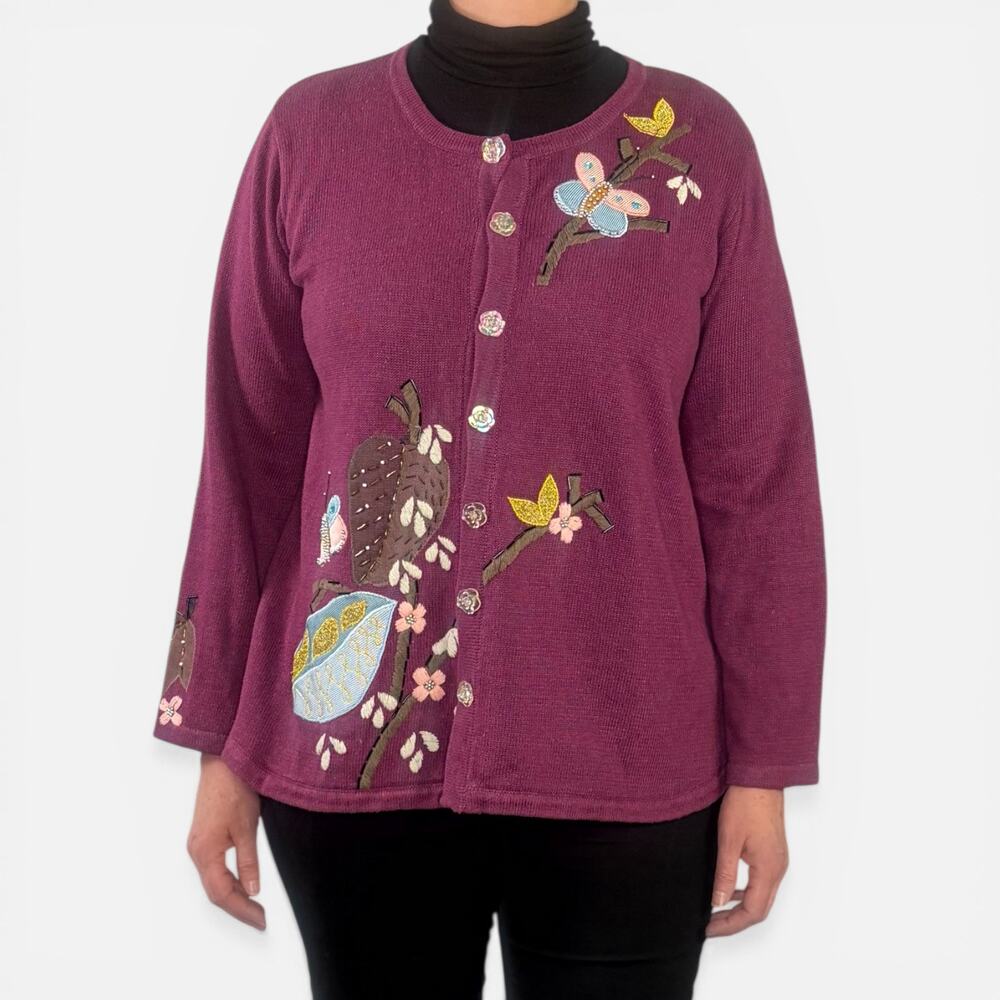 VTG Storybook Knits Entwined Nature Butterfly Cardigan Whimsical Sz L Fairycore